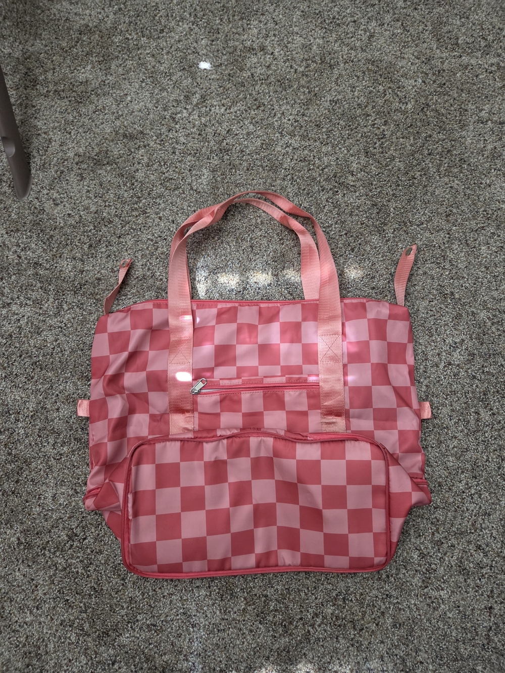 Pink Checkerboard Travel Tote Bag with Front Pocket